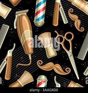 Vector Barber Shop Seamless Pattern, repeat background with illustrations of barbershop equipment for wallpaper, decorative square poster with flying Stock Vector