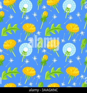 An enchanting design showcases bright dandelions against a rich green backdrop. This lively pattern emphasizes the joyful flowers and their fluffy see Stock Vector