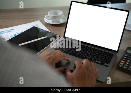 mock up Using laptop with blank screen computer modern Stock Photo