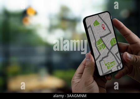 GPS Map to Route Destination network connection Location Street Map with GPS Icons Navigation Stock Photo