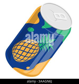 Isometric aluminum can with pineapple soft drink. Storing cocktails and soda in jar. 3d vector isolated on white background Stock Vector