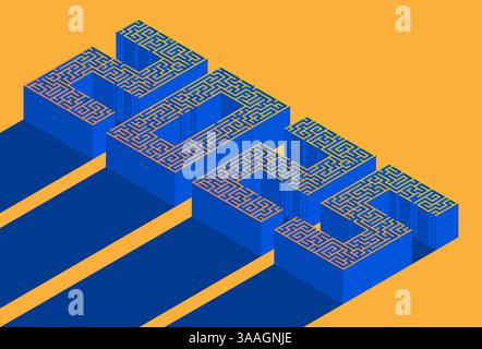 New Year 2025, numbers written in isometric font made from 3D labyrinth. Concept of choosing a path to a bright future. Maze design element. Contrast Stock Vector