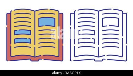 Thin line stroked color icon. Open book. Education at school, knowledge acquisition in library. Simple vector isolated on white background Stock Vector