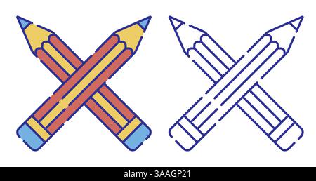 Thin line stroked color icon. Crossed school pencils. School stationery. Simple vector isolated on white background Stock Vector