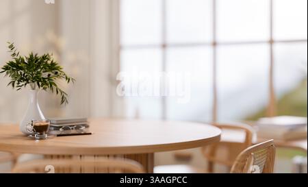 The set of a wooden round table with decors and chairs in the dining room or dining hall with large wall window. 3D rendering, 3D illustration. Stock Photo