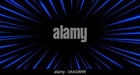 Blue light speed effect on black background. Vector realistic illustration of radial neon lines glowing in darkness, fast motion trail, night city traffic, dynamic sport race, magic energy impact Stock Vector