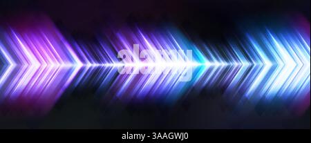 Neon arrow shapes set - glowing futuristic blue and purple pointers with light trails. Electric illuminated vivid colorful gradients for dynamic motion design, abstract speed boost on dark background. Stock Vector