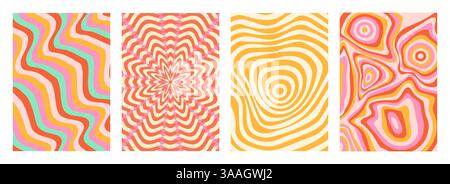 Optical illusion wave pattern set - psychedelic curvy stripe designs with concentric shapes. Vibrant pink, orange, yellow colors, abstract groovy background textures. 60s retro hippy swirl ornament. Stock Vector