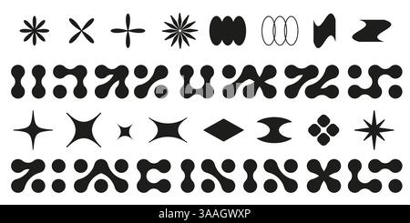 Abstract metaball shapes set isolated on white background. Vector illustration of black dots connected into different shape icons, organic fluid blobs, molecule structure, scientific chemical grids Stock Vector
