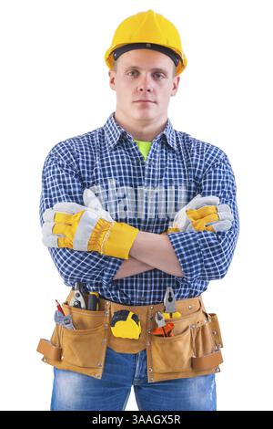 Portrait of young men wearing working clothes with tools isolated on white background Stock Photo