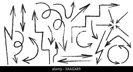 Handdrawn arrow set in doodle sketch style. Curved, straight and swirly black ink lines drawn in different directions and trajectories. Artistic hand sketched vector elements for creative design. Stock Vector