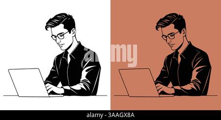 A businessman doing focused working on his laptop, Illustration showing a smart businessman typing on laptop, great for office productivity. Stock Vector