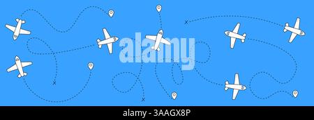 Plane route map collection - airplanes flying paths marked by dashed lines and pins. Travel itinerary, airline trip planning and flight navigation. Aviation journey direction arrows on blue sky. Stock Vector
