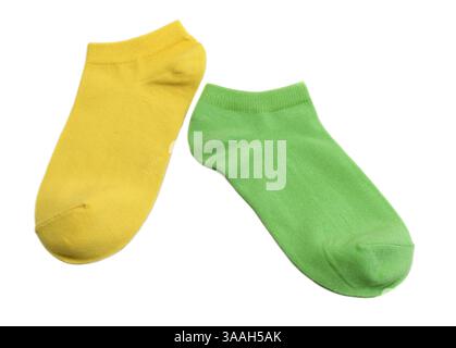 Two colored socks, yellow and green. Isolate on white Stock Photo