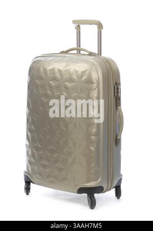 Beige plastic suitcase on wheels for travel. Isolate on white Stock Photo