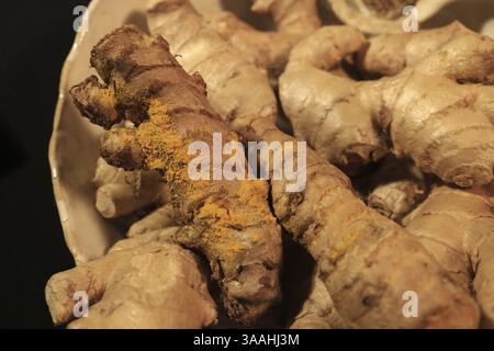 Ginger and Turmeric Roots on a dark background Stock Photo
