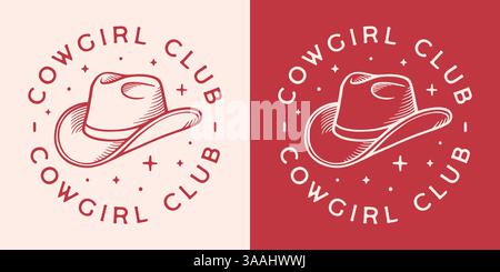 Cowgirls club squad crew cowgirl hat logo round badge sticker shirt design country girl red aesthetic. Stock Vector