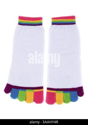 Pair of white socks with colored fingers. Isolate on white Stock Photo