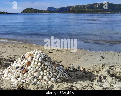 Sandy beach beach with heaps of shells, calm blue sea and islands in the background on Somaroy near Tromsoe, Norway, Europe Stock Photo