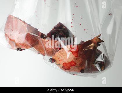 Pomegranate halves in clear plastic bag Stock Photo