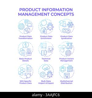 Product information management blue gradient concept icons Stock Vector