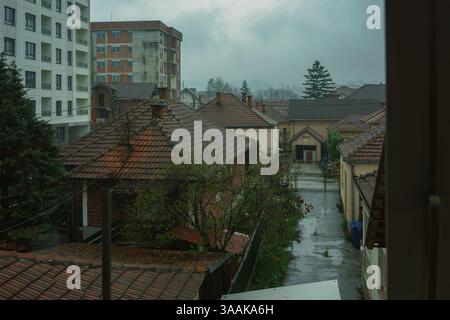 A gloomy and rainy day in the town of Cacak in Serbia. The end of winter and the beginning of spring. Stock Photo