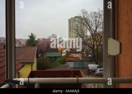 A gloomy and rainy day in the town of Cacak in Serbia. The end of winter and the beginning of spring. Stock Photo