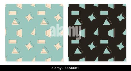 Geometric patterns with simple figures of triangle, trapezoid, rectangle, and their contours, on blue and dark background. Vector illustration Stock Vector