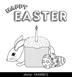 Black and white greeting card featuring a rabbit, festive Easter cake with a candle, and decorated Easter eggs for coloring page. Easter bunny. Stock Vector