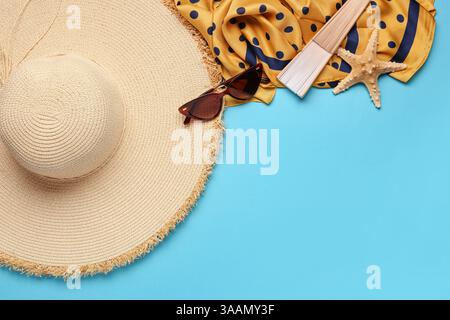 Composition with stylish beach accessories on color background Stock Photo