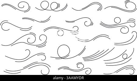 Wind lines doodle sketch style set. Air flow symbol, wind movement, curl, wind flow hand drawn clip art collection. Vector graphics, wind icons Stock Vector