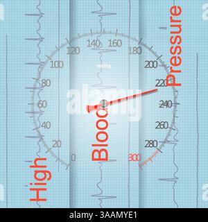 High blood pressure (hypertensive disease, hyperpiesis) medical concept in the form of a sphygmomanometer with a red arrow and dial, showing high numb Stock Vector
