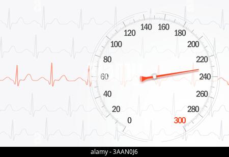 High rate of blood pressure on the background of cardiogram lines, vector image. Stock Vector