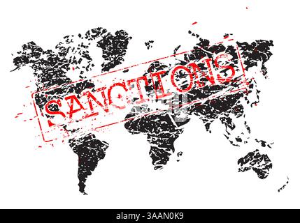 Stamp sanctions on the map in the form of a grunge, sloppy shape as a concept of international trade war. Stock Vector