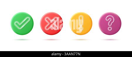 Set of realistic 3d signs check mark, caution, hint and cross isolated on white background. Vector illustration. Stock Vector