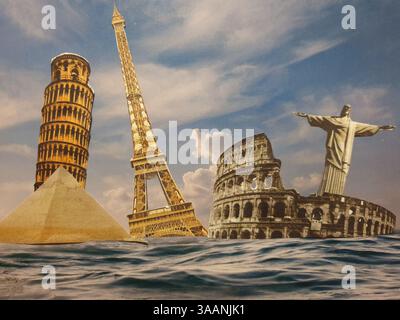 World landmarks and famous monuments collage isolated on panoramic blue ...