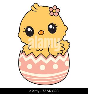 Cute Kawaii Yellow Easter Chick Hatching from Colored Easter Egg. Adorable Baby Chicken Character Stock Vector