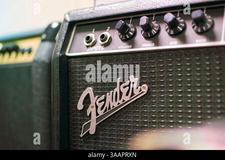 Fender stage guitar amplifier. No people. Stock Photo