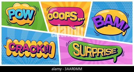 Speech bubbles pack. Pow Bam Surprise Crack Ooops text and halftone elements on color groovy shape patterns. Vector color cartoon illustrations drawn in pop art style. Stock Vector