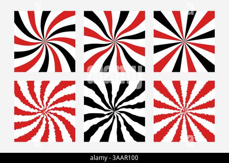 Six square backgrounds featuring red and black radiating hypnotic swirl patterns creating an optical illusion of movement Stock Vector