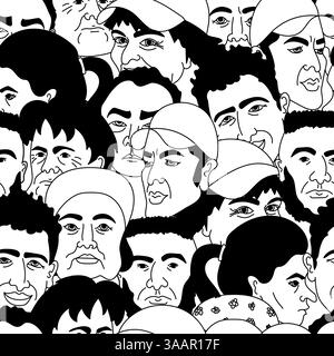 Black and white seamless pattern background with crowd of diverse people, design repeat backgrounds, textiles and wallpaper. Stock Vector