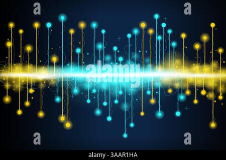 Bright glowing lines and dots in yellow and turquoise are creating a futuristic and technological background with a bright horizontal light beam in th Stock Vector