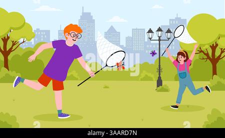 Children playfully chase butterflies in a city park during a sunny day Stock Vector