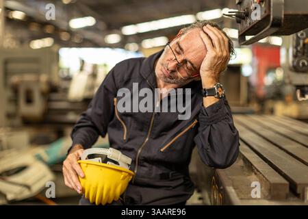 Senior engineer worker tired exhausted sleep nap at work in heavy industry factory. Stock Photo
