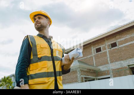 Construction worker happy smile, Caucasian engineer male standing wearing safety vest and helmet at construction site. Young friendly architect watchi Stock Photo