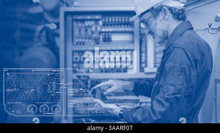 Electricity engineer work using AI computer software technology maintenance monitor and control power consumption analyze database report. Stock Photo