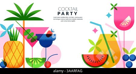 Summer palm beach cocktails party vector flat illustration. Alcoholic drinks, tropical fruits, berries on white background. Horizontal banner, poster, Stock Vector