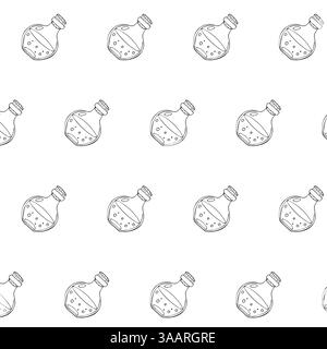 A magical tincture in a glass bottle seamless pattern. Closed apothecary bottle sketch. Glass bottle or vial . Vector illustration in white background Stock Vector