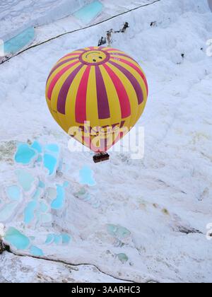 AIR-TO-AIR VIEW. Hot air balloon slowly drifting above the famed travertine pools of Pamukkale. Denizli Province, Turkey. Stock Photo
