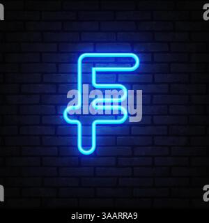 Franc currency symbol with neon effect, shining in a cool blue glow. The design is bold and minimalist, highlighted by a brick background. Stock Vector